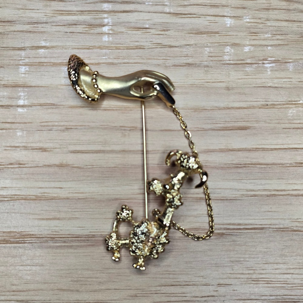 Vintage AJC Brooch Pin Hand Poodle Leash Chain Fi-Fi Walk the Dog Dinner Jewelry